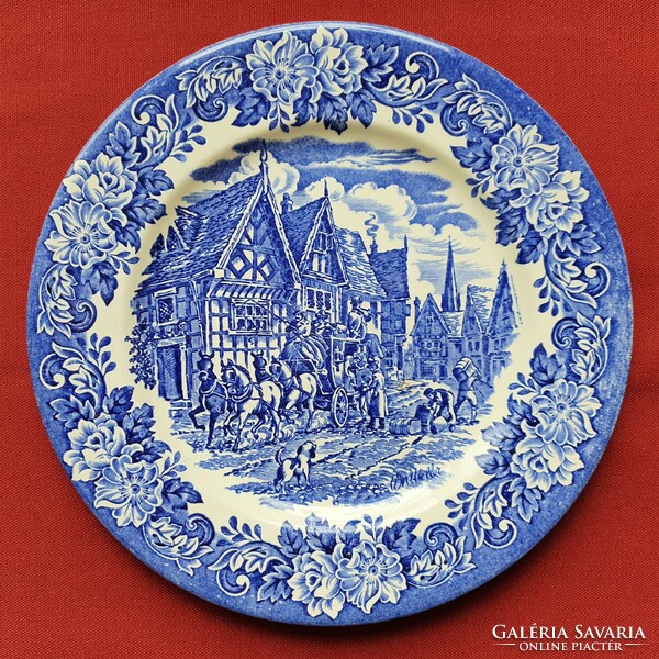Ironstone angol jelenetes kék porcelán tányér lovas szekér kutya minta