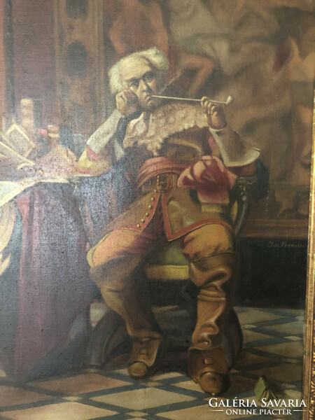 Oil painting of a man smoking a pipe in a blonde frame