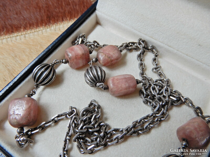 Old long silver necklace with rhodochrosite stones