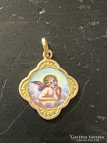 Gold antique angel putto pendant fire enamel porcelain