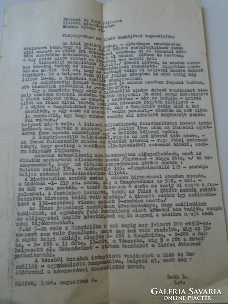 D202219  Éttermi Büfé Vállalat  Budapest-Siófok Siófok Étterem-Az IBUSZ munkájával kapcsolatban 1964