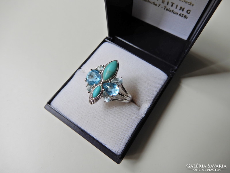 Silver ring with topaz and turquoise stones