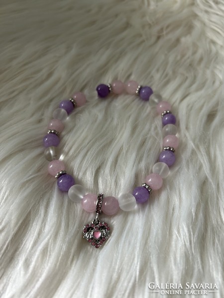 Rose quartz - lavender amethyst - matte rock crystal mineral bracelet with 