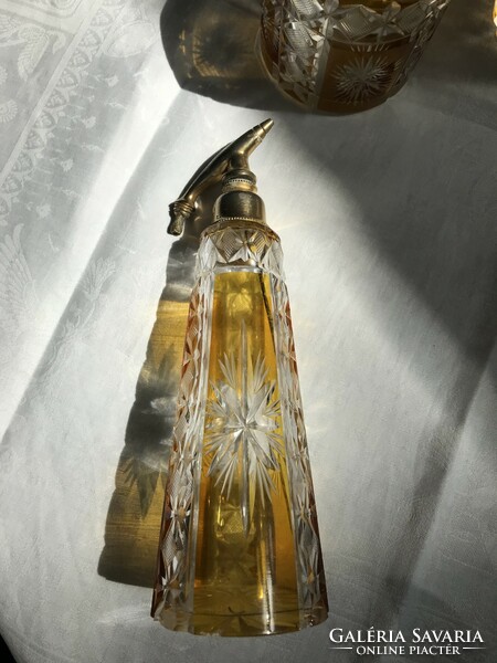 Polished crystal art deco toilet set with perfume bottle.