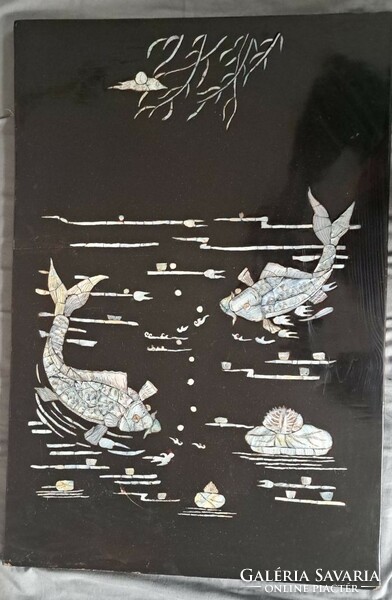 Antique Japanese mother-of-pearl inlaid wall picture, fish. Size: 40x60 cm.