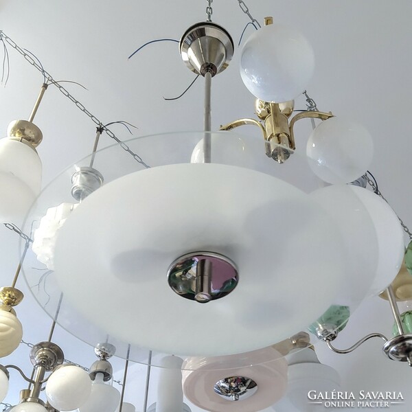 Art deco nickel-plated 3-burner chandelier renovated - acid-etched glass disc