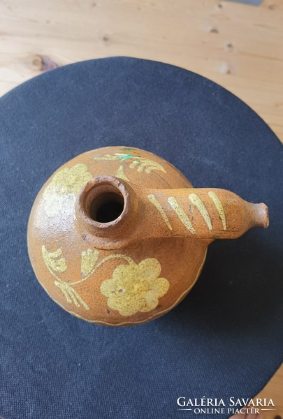 Folk ceramic jug pottery rattle spindle 21cm glazed