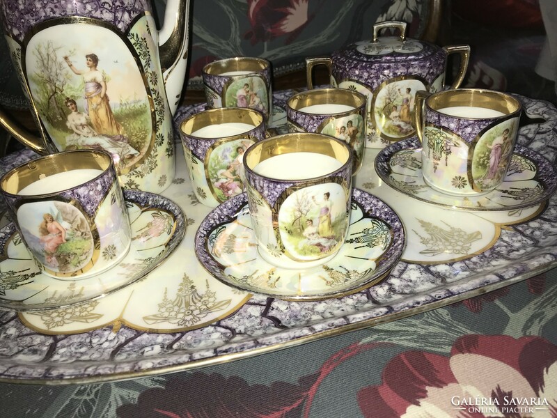 M.Z.Austria porcelán antik jelenetes  kávés készlet , nagy tálcás