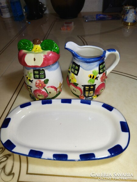 Porcelain apple bee sugar holder and milk pouring tray, never used