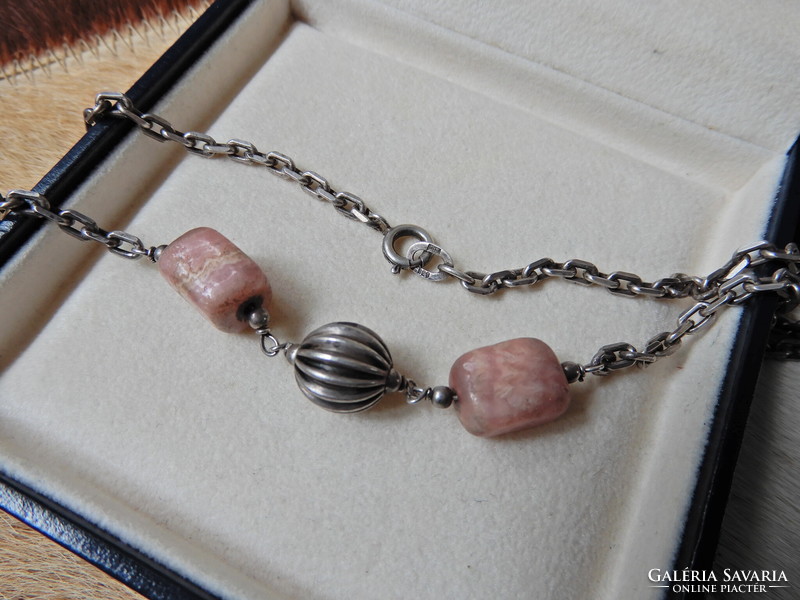 Old long silver necklace with rhodochrosite stones