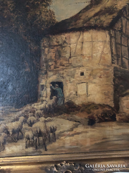 Holland H. Ritzenhofen antik festmény, falusi jelenet, blondel keretben