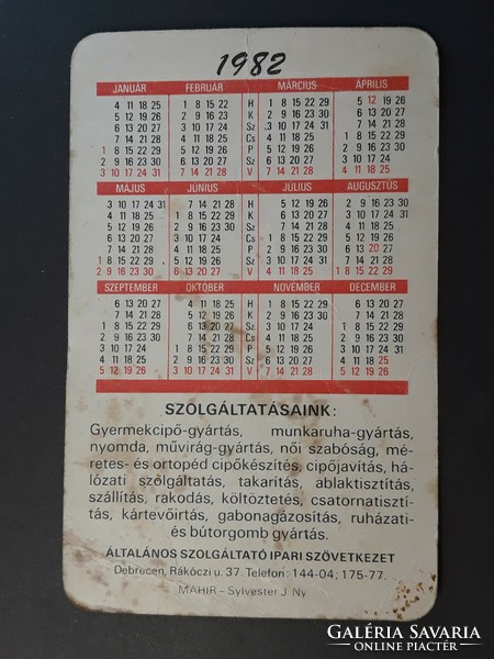Kártyanaptár 1982 - Deász feliratos retró, régi zsebnaptár