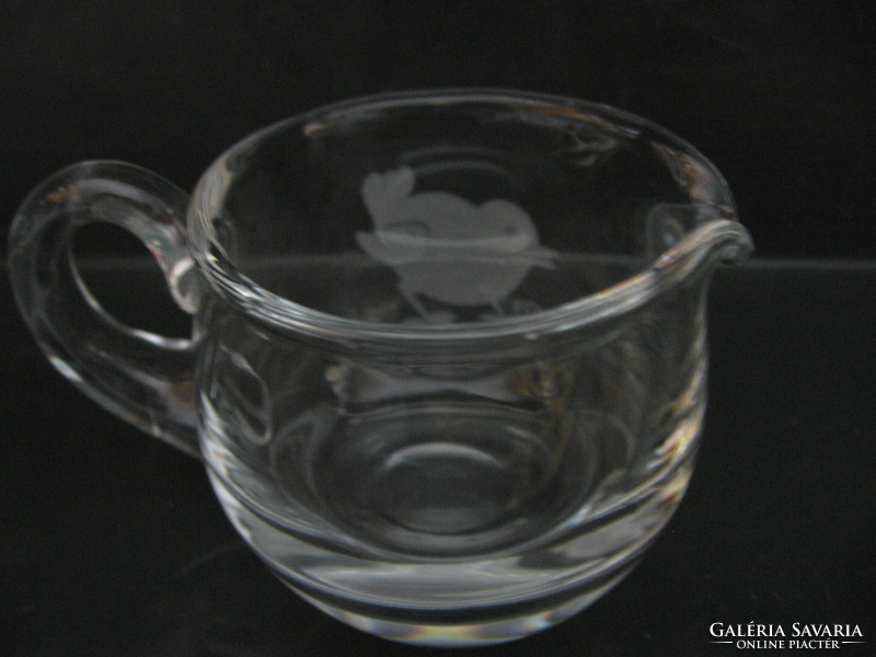 Crystal glass cream pourer, small jug with etched bird and chick