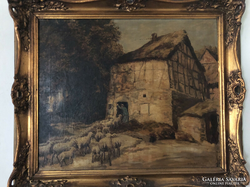 Dutch h. Ritzenhofen antique painting, village scene, blondel frame