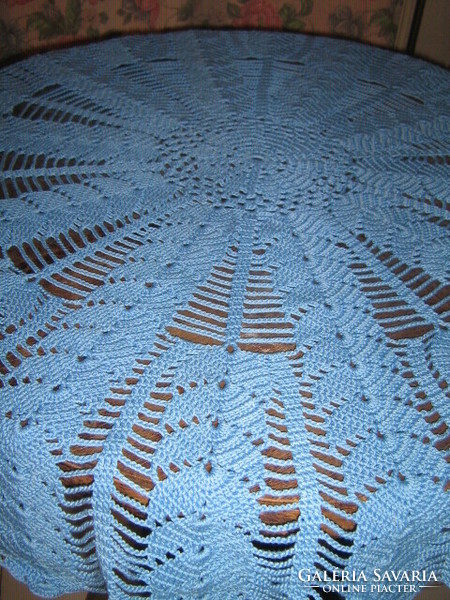 Beautiful blue handmade crochet round antique lace tablecloth