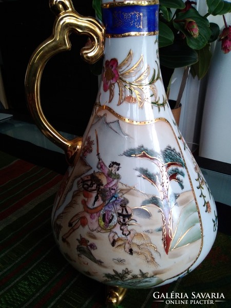 Chinese decanter with gilt handles and legs, hand painted battle scene on both sides!