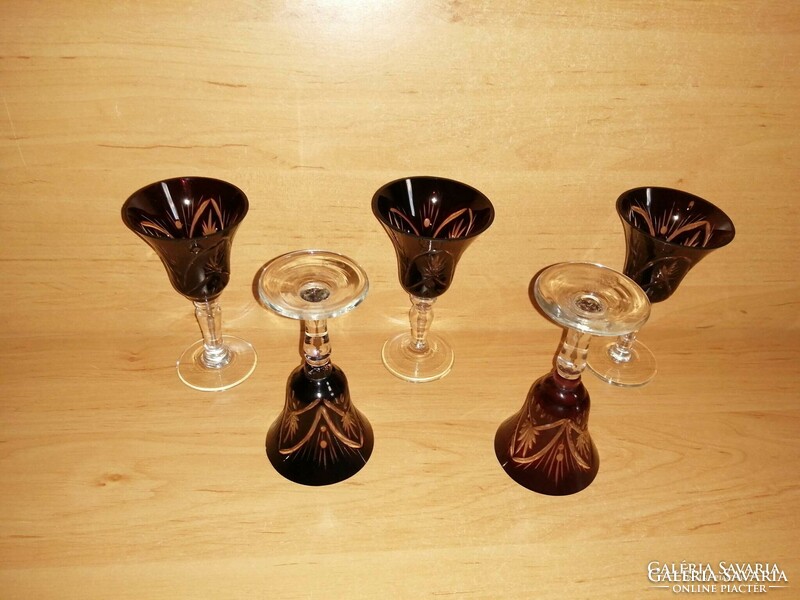 Bordó metszett csiszolt üveg talpas pohár 5 db egyben - magasság 12 cm (z-7)