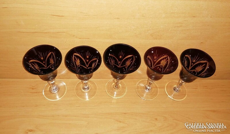 Burgundy etched polished glass stemmed glass 5 pieces in one - height 12 cm (z-7)