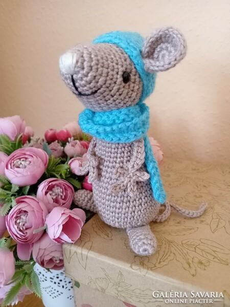 Hand crocheted mouse in hat and scarf