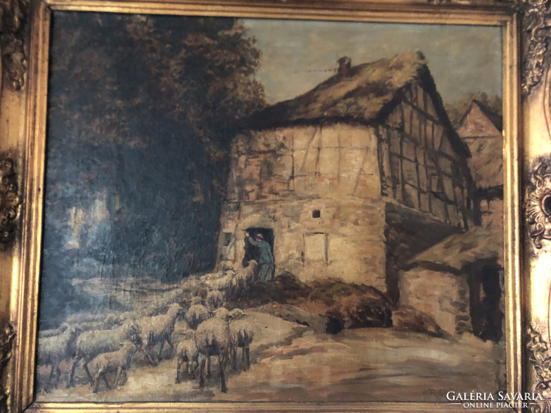 Dutch h. Ritzenhofen antique painting, village scene, blondel frame
