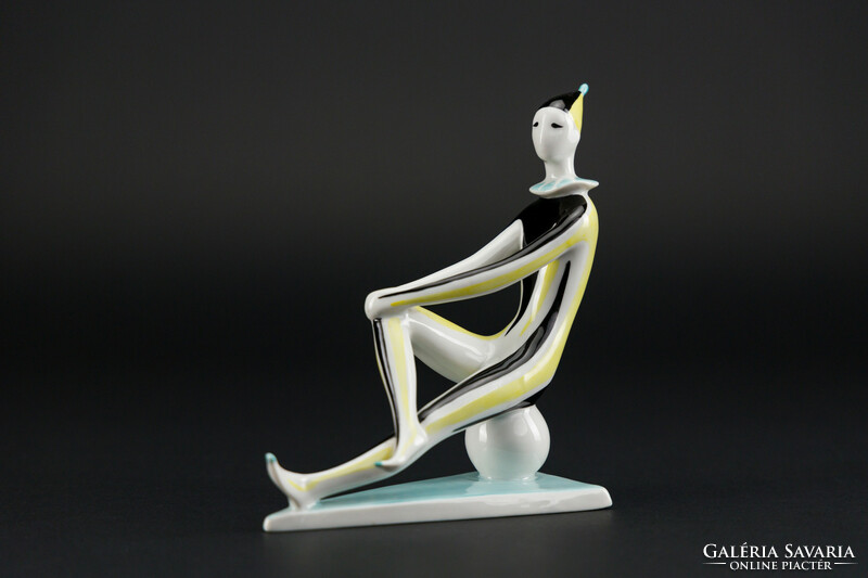 Zsolnay sitting clown, wearing yellow and black striped clothes, porcelain statue, old, marked.