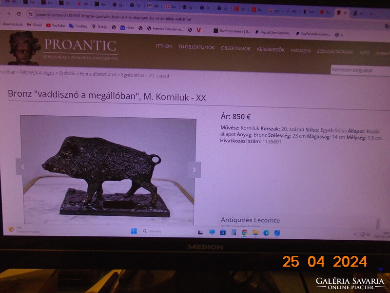 Bronze wild boar with dark patina, a.K.Korniluk 20 pieces of Polish sculptural signature work 1.5 kg