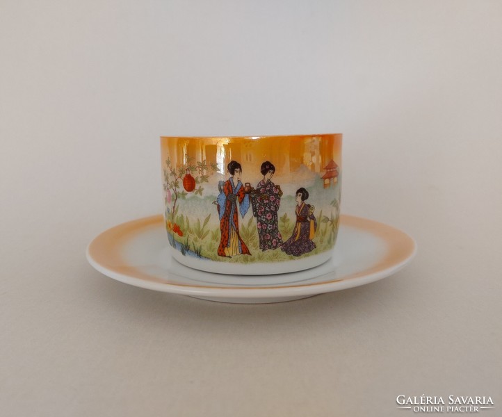 Old Zsolnay porcelain tea cup eozin Japanese pattern oriental scene ladies decor a