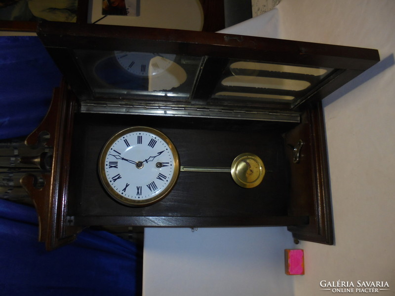 Old pendulum wall clock, pendulum clock - carved wooden face, glazed - works