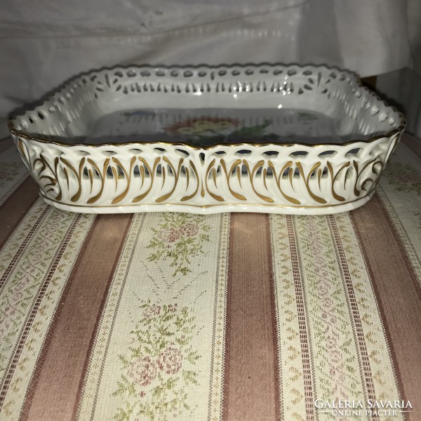 Herend rectangular openwork serving bowl with flower bouquet and golden border