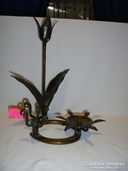 Wrought iron candle holder for three candles - horseshoe base, tulip, sun,...