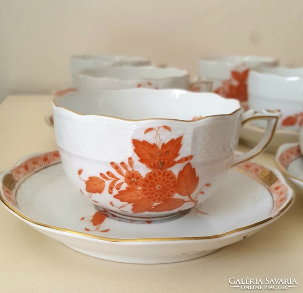 Herend Appony orange tea set. 6 Cups+6 saucers