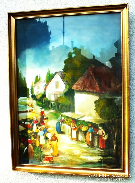 Artwork by Imre Fehér, market scene, 70x50 oil canvas