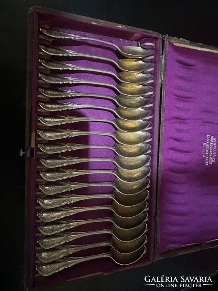 A very rare antique 18-piece silver spoon collection in a box for sale! Price: 100,000.-