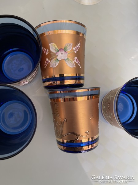 Czechoslovak blue glass decorated with Bohemian plastic flowers 6 wine glasses