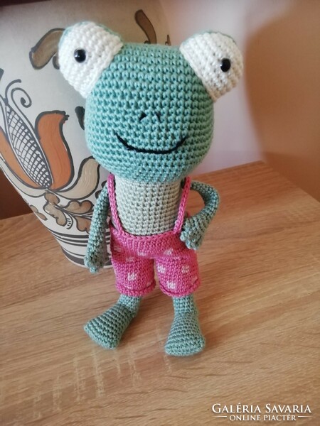 Hand crocheted cool frog boy in bridle pants
