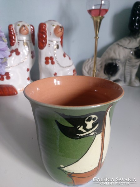 Ceramic vase with pirate flag, ship, storage, 12 cm high