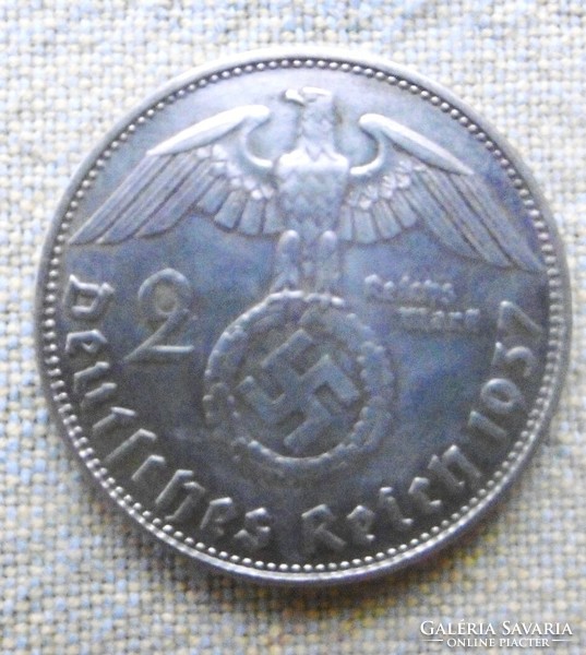 Silver 2 Reichmark Hindenburg German Third Reich 1937 