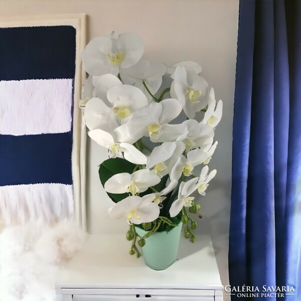 Kétszálas élethű fehér orchidea kaspóban OR201FH