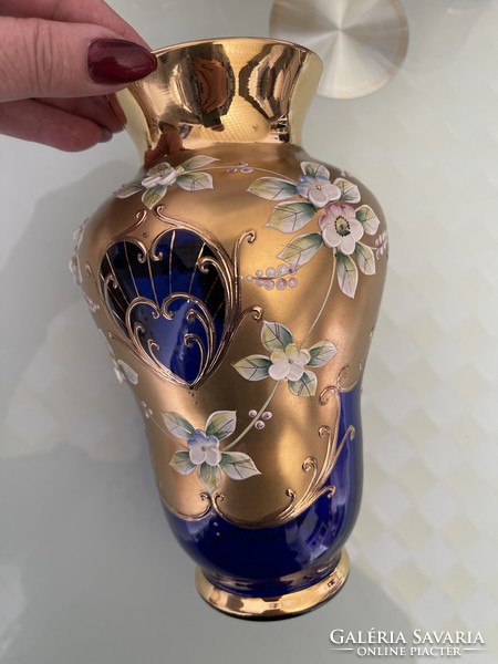 Czechoslovak blue glass vase decorated with Bohemian plastic flowers.