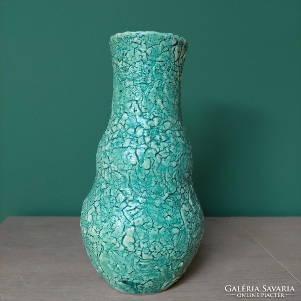 Vintage  zöld  repesztett mázas kerámia váza