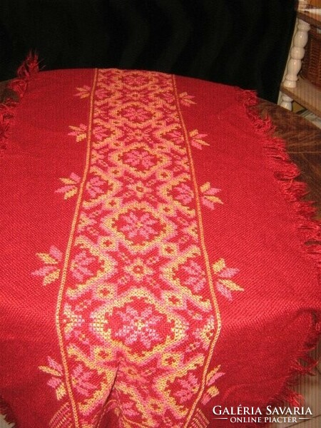 Beautiful burgundy hand embroidered fringed woven tablecloth