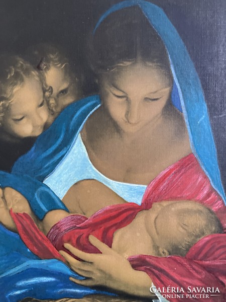Nagyon szép nagy 65*51 cm-es kép Madonna Kis Jézus puttókkal