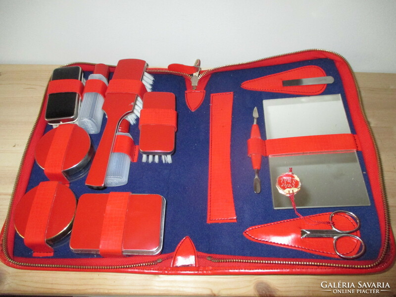 Red, retro travel set, toiletry bag.