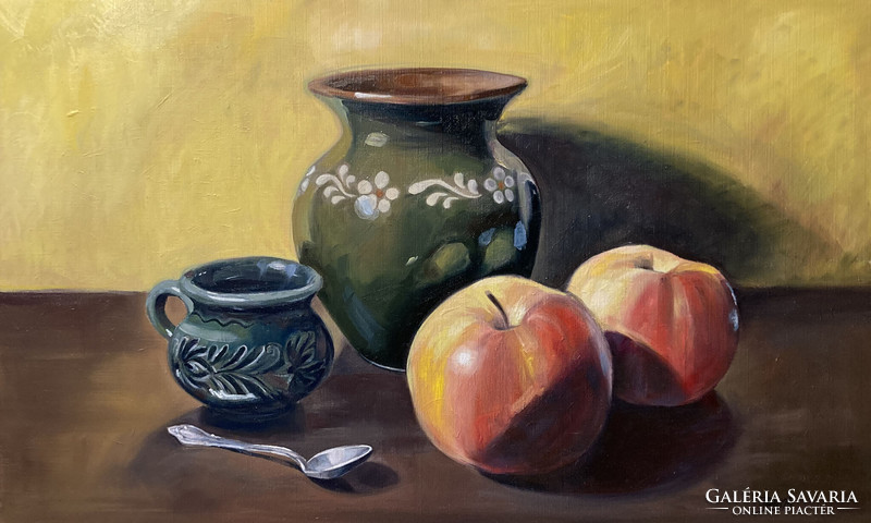 Still life with apples - oil painting 49x33 cm with frame