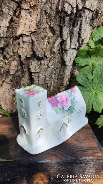 English porcelain rosy cottage church display case on bone china
