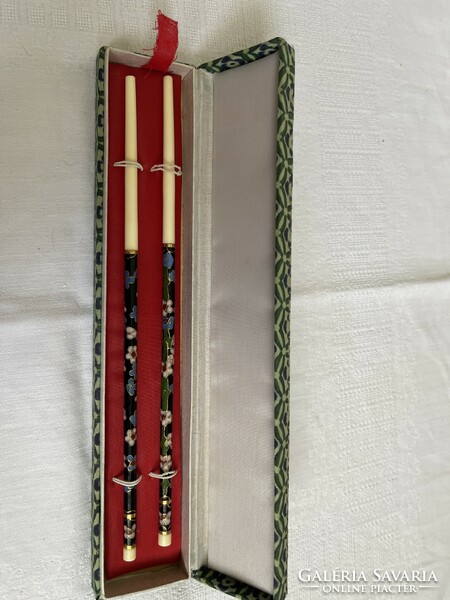 Bone and fire enamel Chinese chopsticks in original box.