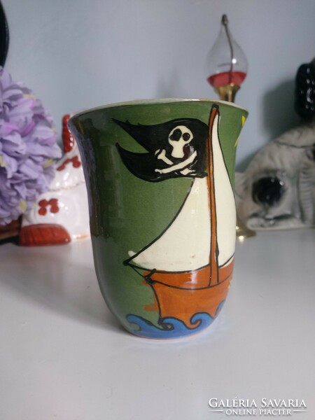 Ceramic vase with pirate flag, ship, storage, 12 cm high