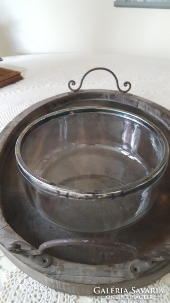 Glass bowl with silver-plated metal rim, serving bowl, salad bowl