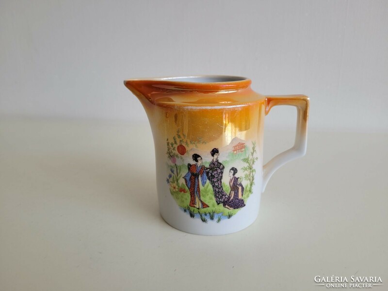 Old Zsolnay porcelain jug eozin Japanese pattern oriental scene ladies decor jug spout