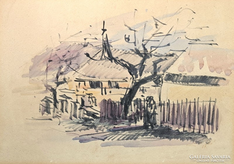 Street scene, 1960s - signed watercolor, unidentified
